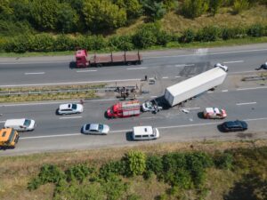 A busy highway gets congested after a truck accident.