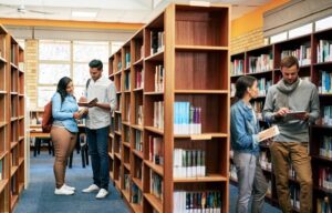 College students looking up federal hazing laws in the library.
