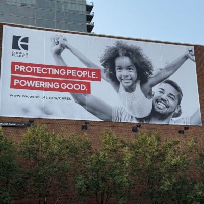 Cooper Elliot wall banner: Protecting People. Powering Good.